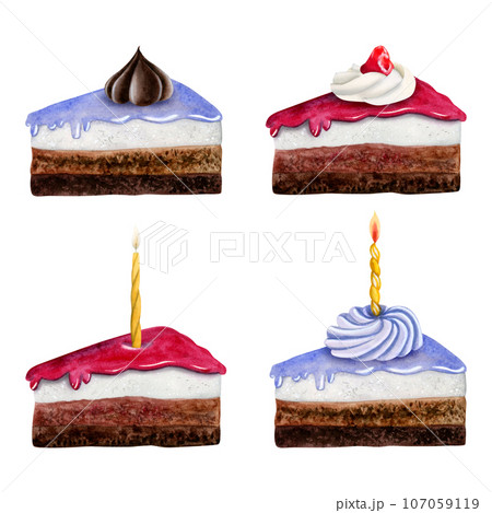 Chocolate birthday cake pieces with red and pastel blue glaze and different toppings and candles watercolor illustration set isolated on white background for party invitations and cards Chocolate birthday cake pieces with red and pastel blue glaze and different toppings and candles watercolor illustration set isolated on white background for party invitations and cards 107059119