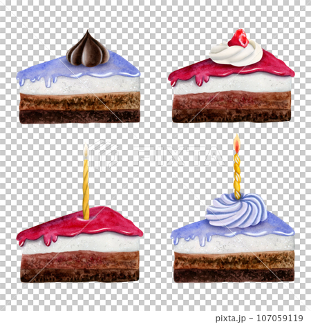 Chocolate birthday cake pieces with red and pastel blue glaze and different toppings and candles watercolor illustration set isolated on white background for party invitations and cards Chocolate birthday cake pieces with red and pastel blue glaze and different toppings and candles watercolor illustration set isolated on white background for party invitations and cards 107059119
