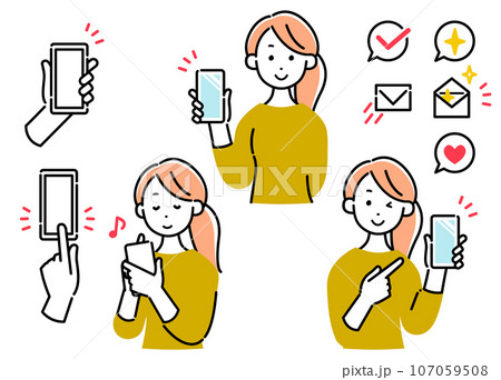 スマートフォンを持った女性のポーズセットと感情アイコンセット 107059508