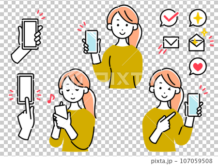 スマートフォンを持った女性のポーズセットと感情アイコンセット 107059508