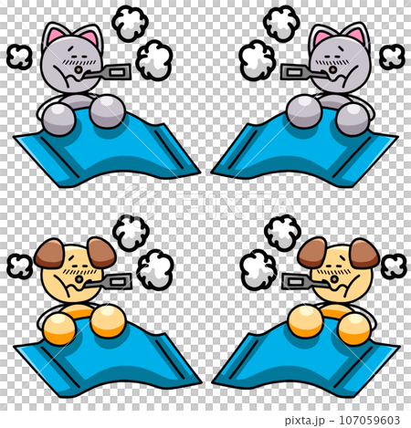 Illustration set of dog and cat who are not feeling well and have a fever. Illustration set of dog and cat who are not feeling well and have a fever. 107059603