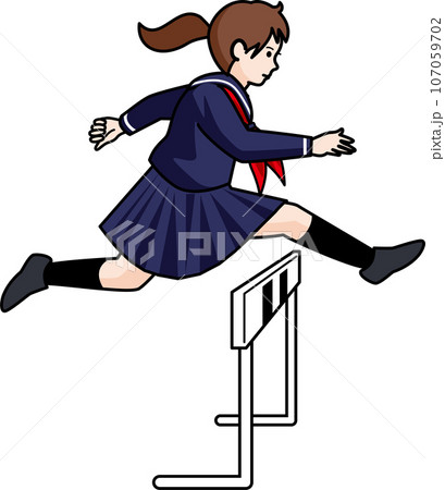 ハードルを飛び越える女子学生 107059702