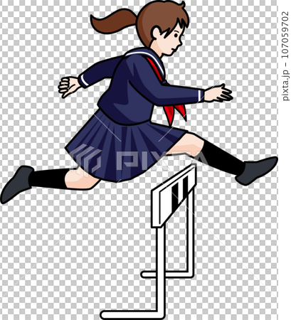 ハードルを飛び越える女子学生 107059702