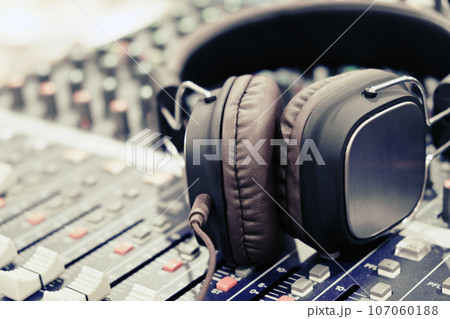 close up of Headphones on sound mixer close up of Headphones on sound mixer 107060188