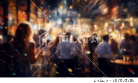 blur people in party celebration at nightclub with festive lighting background. relaxation and enjoyable lifestyle event concept. generative AI 107060586