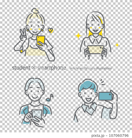 使用帶微笑的智能手機的年輕人 簡單時尚的線條藝術插圖 107060796