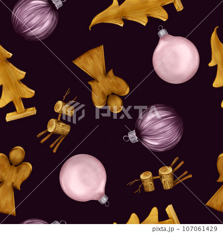 Christmas seamless pattern with wooden toys and Christmas ball digital illustration isolated on black. Holiday symbol, decoration hand drawn. Element for new year design wrapping, textile, background Christmas seamless pattern with wooden toys and Christmas ball digital illustration isolated on black. Holiday symbol, decoration hand drawn. Element for new year design wrapping, textile, background 107061429