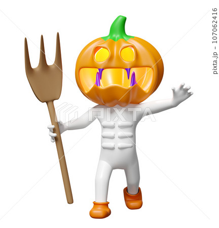 3d halloween holiday party with pumpkin head man hand holding fork isolated. 3d render illustration 107062416
