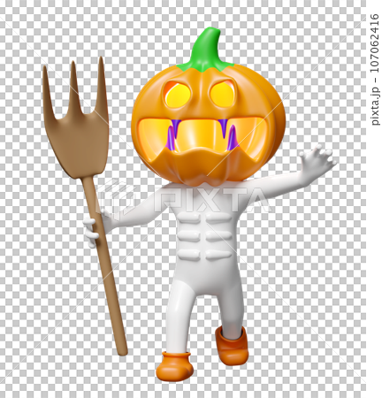 3d halloween holiday party with pumpkin head man hand holding fork isolated. 3d render illustration 107062416