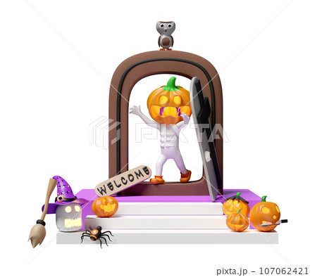 3d halloween holiday party with pumpkin head man, skull, witch hat, spider placed on stairs, old door, label welcome, cute owl isolated. 3d render illustration 3d halloween holiday party with pumpkin head man, skull, witch hat, spider placed on stairs, old door, label welcome, cute owl isolated. 3d render illustration 107062421