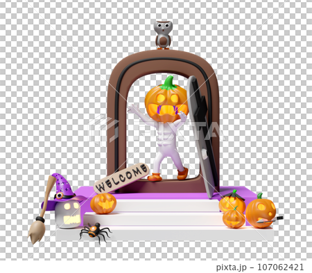 3d halloween holiday party with pumpkin head man, skull, witch hat, spider placed on stairs, old door, label welcome, cute owl isolated. 3d render illustration 3d halloween holiday party with pumpkin head man, skull, witch hat, spider placed on stairs, old door, label welcome, cute owl isolated. 3d render illustration 107062421