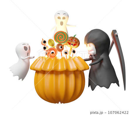 3d halloween holiday party with cute ghost, grim reaper hand holding scythe, pumpkin head snack basket isolated. 3d render illustration 3d halloween holiday party with cute ghost, grim reaper hand holding scythe, pumpkin head snack basket isolated. 3d render illustration 107062422