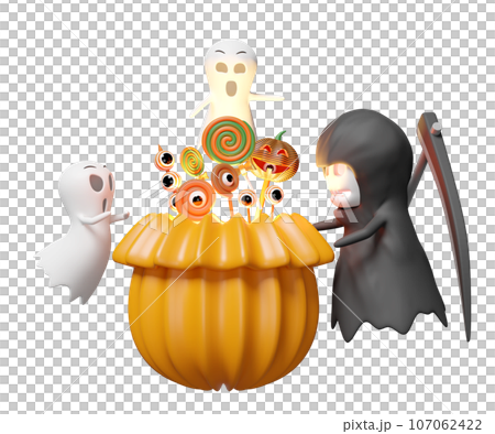 3d halloween holiday party with cute ghost, grim reaper hand holding scythe, pumpkin head snack basket isolated. 3d render illustration 3d halloween holiday party with cute ghost, grim reaper hand holding scythe, pumpkin head snack basket isolated. 3d render illustration 107062422