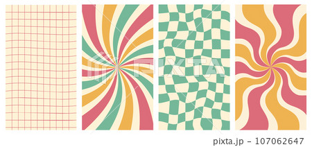 Groovy hippie 70s vector backgrounds set. Chessboard and twisted patterns. Backgrounds in trendy retro trippy style.Twisted and distorted vector texture in trendy retro psychedelic style. Groovy hippie 70s vector backgrounds set. Chessboard and twisted patterns. Backgrounds in trendy retro trippy style.Twisted and distorted vector texture in trendy retro psychedelic style. 107062647