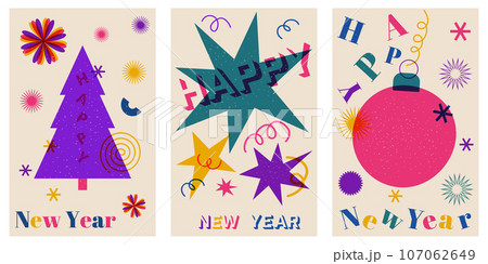 Vector set of abstract geometric posters in a trendy risograph print style. Happy New Year creative backgrounds.Vector illustration Vector set of abstract geometric posters in a trendy risograph print style. Happy New Year creative backgrounds.Vector illustration 107062649
