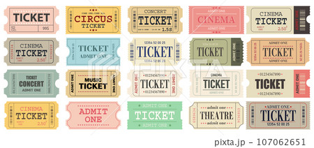 Big set of retro tickets template. Ticket for cinema, movie,circus,carnaval,film,festival.Admit one.Vector illustration 107062651