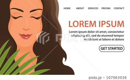 Beautiful young woman face and palm leaf Beautiful young woman face and palm leaf 107063036