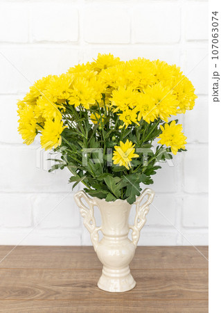 Beautiful bouquet of yellow Chrysanthemum flowers in a ceramic vase. Beautiful bouquet of yellow Chrysanthemum flowers in a ceramic vase. 107063074