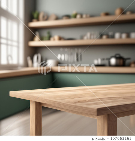 Wooden Table Top on Blurred Kitchen Background 107063163