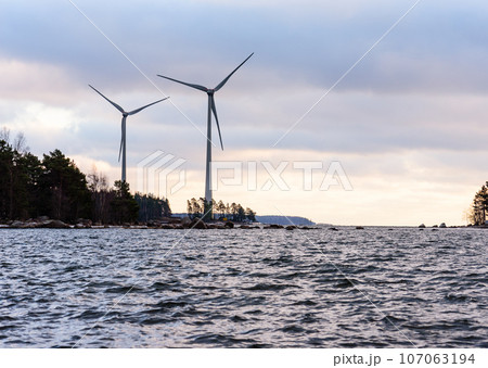Renewable wind technology. Energy turbines near port of Kotka, Finland 107063194
