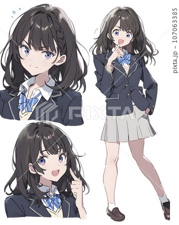 女子高生のキャラクターシート　デフォルメイラスト（AI生成画像） 107063385