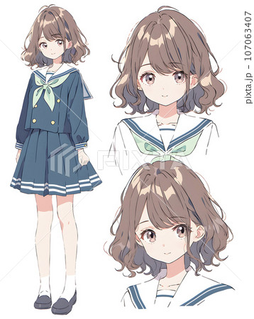 女子高生のキャラクターシート　デフォルメイラスト（AI生成画像） 107063407