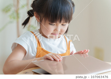 夏休みにノートパソコンで勉強する子供 夏休みにノートパソコンで勉強する子供 107063476