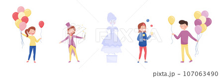 Man and Woman Street Performer Engaged in Amusement Show Vector Set 107063490