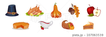 Happy Thanksgiving Objects with Pilgrim Hat, Roasted Turkey, Pumpkin, Acorn, Apple, Cranberry Sauce and Horn Vector Set Happy Thanksgiving Objects with Pilgrim Hat, Roasted Turkey, Pumpkin, Acorn, Apple, Cranberry Sauce and Horn Vector Set 107063539