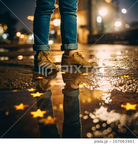 Teenager's legs near a puddle reflecting stars, lights of lanterns. Festive atmosphere, New Year's mood - no faces. 107063981