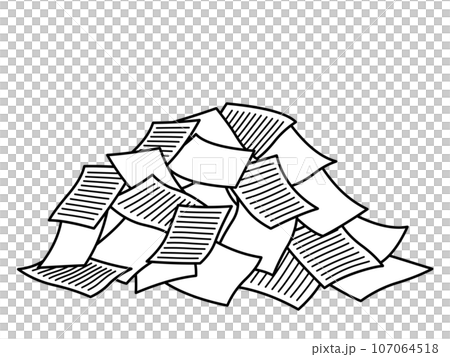 罫線が書かれた書類が乱雑に積まれた山のイラスト 107064518