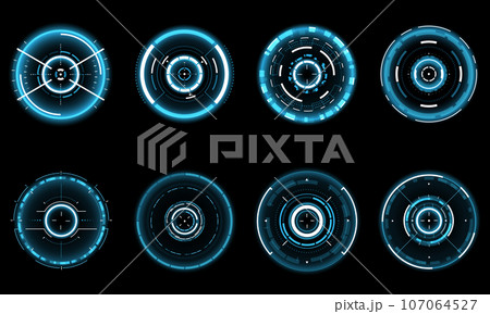 Set of sci fi blue white circle user interface elements technology futuristic design modern creative on black background vector Set of sci fi blue white circle user interface elements technology futuristic design modern creative on black background vector 107064527