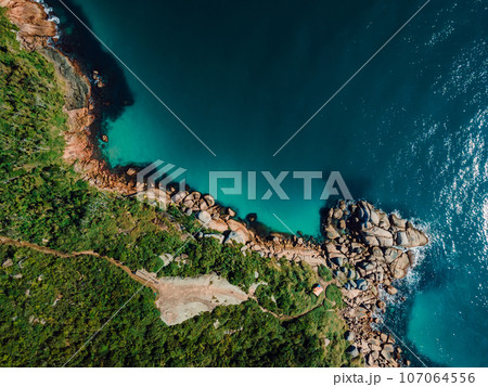 Aerial view of scenic coastline with Atlantic ocean in Brazil. 107064556