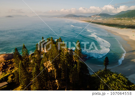 Beach with trees and ocean waves at sunrise with warm tones in Brazil, Florianopolis. Aerial view 107064558
