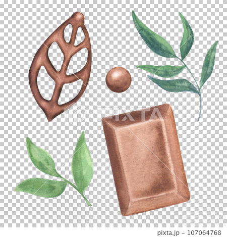 Piece milk chocolate square, ball. Decor for sweets. Green leaves, mint. Food clipart. Hand drawn watercolor illustration isolated on white background. For logo cafe menu pastry shop 107064768