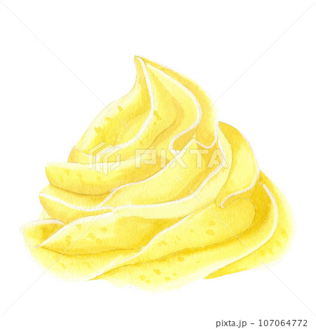 Cone yellow sweet cream. For cupcakes, muffins, ice cream, marshmallows. Food clipart. Hand drawn watercolor illustration isolated on white background. For cafe menu pastry shop 107064772