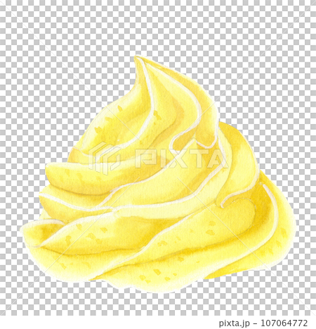 Cone yellow sweet cream. For cupcakes, muffins, ice cream, marshmallows. Food clipart. Hand drawn watercolor illustration isolated on white background. For cafe menu pastry shop 107064772