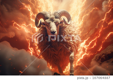 Image of fantasy of sheep and flames and smog. Wildlife Animals. Illustration, Generative AI. 107064887