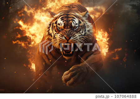 Image of angry tiger with flames. Wildlife Animals. Illustration, Generative AI. 107064888