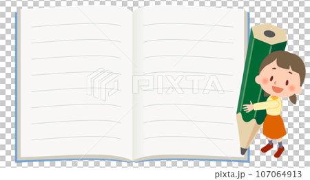 Elementary school girl holding a notebook and pencil 107064913