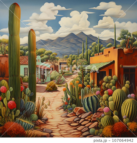 house architecture of a magical town Mexico, orange wall with green cactus 107064942