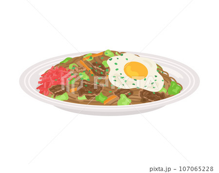 皿に盛り付けられた、ソース焼きそばのイラスト 107065228