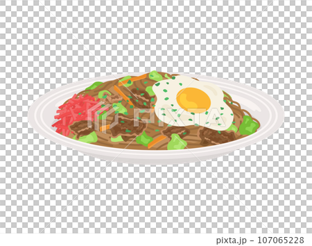 皿に盛り付けられた、ソース焼きそばのイラスト 107065228