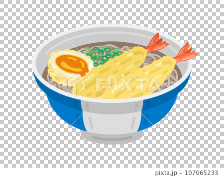 Illustration of warm soba noodles topped with shrimp tempura and egg 107065233