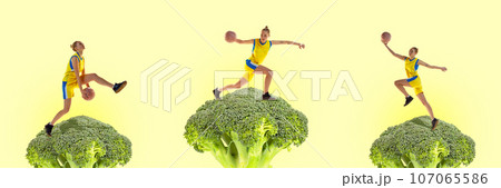 Young girl, basketball player in motion on green broccoli over yellow background. Contemporary art collage. 107065586