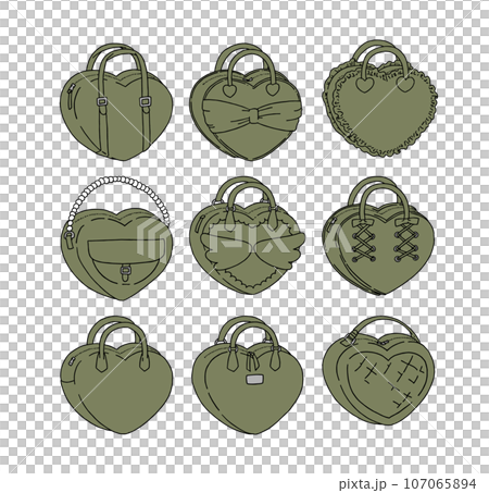 Illustration set of olive heart-shaped bags Illustration set of olive heart-shaped bags 107065894