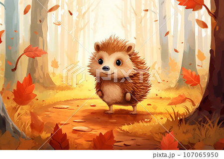Funny cartoon hedgehog on autumn forest edge. Joyful sunny atmosphere. Children's goods design 107065950