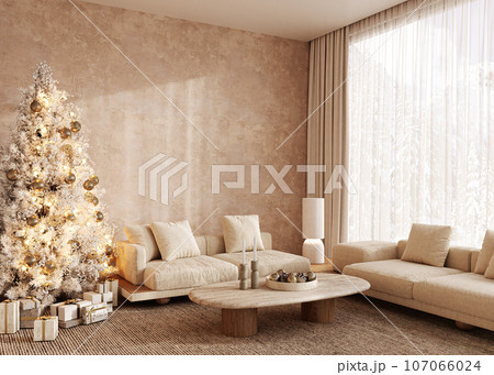 Boho beige livingroom with decorated Christmas tree and gift background. Modern nature window view. 3d rendering mock up stucco wall. High quality 3d illustration 107066024