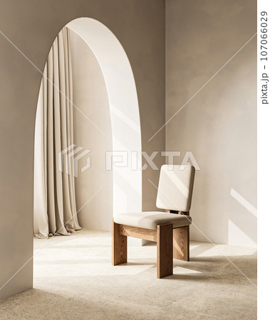 Conceptual interior studio room with arch window and sun. Creative composition wood chair. Mockup empty background. 3d rendering. High quality 3d illustration Conceptual interior studio room with arch window and sun. Creative composition wood chair. Mockup empty background. 3d rendering. High quality 3d illustration 107066029