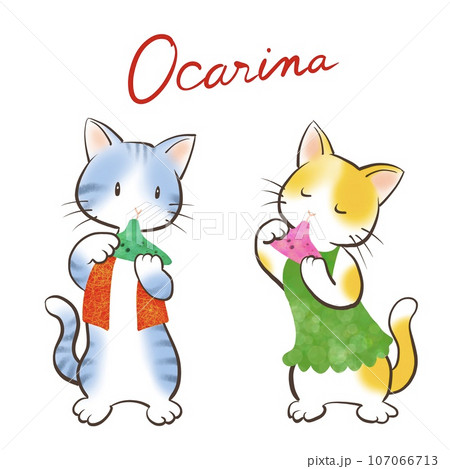 2匹のネコがオカリナを演奏しているかわいいイラスト 2匹のネコがオカリナを演奏しているかわいいイラスト 107066713